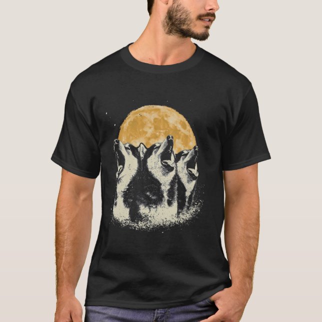 Camiseta Cachorro de 3 Cabeças Uivando Para a Lua Husky Sib (Frente)