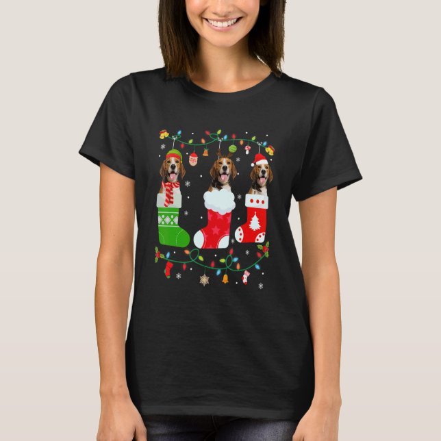 Camiseta Cachorro de Beagle Três Meias de Natal Cachorro de (Frente)