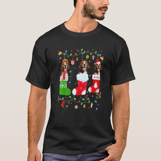Camiseta Cachorro de Beagle Três Meias de Natal Cachorro de (Frente)