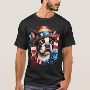 Camiseta Cachorro de Boston Fofo Bandeira dos EUA Homens Mu