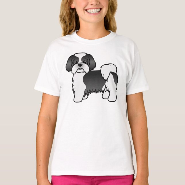 Camiseta Cachorro de Cartoon Negro E Branco Shih Tzu Cute (Frente)