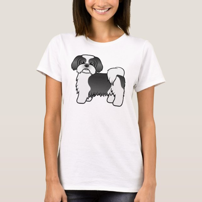 Camiseta Cachorro de Cartoon Negro E Branco Shih Tzu Cute (Frente)