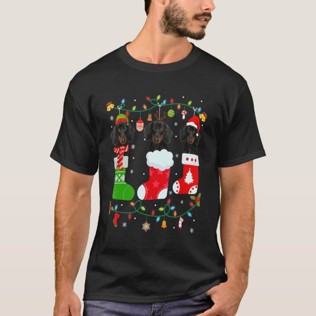 Camiseta Cachorro de Dachshund Três Meias De Natal Doce Xma (Frente)