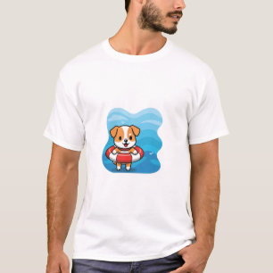 Camiseta Cachorro de desenho animado fofo flutuando em um s