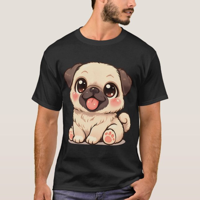 Camiseta Cachorro De Desenho Kawaii Pug Chibi Fofo (Frente)