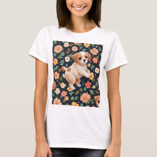 Camiseta cachorro de flor, de pé, mulher T-shirts