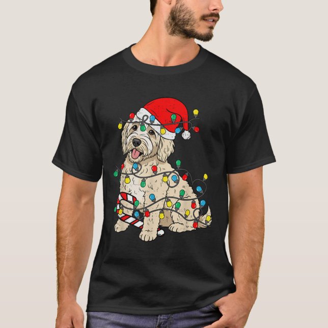 Camiseta Cachorro de Goldendoododle Luzes de Natal Papais n (Frente)