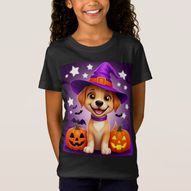 Camiseta Cachorro de Halloween com Chapéu de Bruxa e Abóbor (Frente)