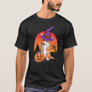 Camiseta Cachorro de Halloween Corgi Fofo Chapéu de Bruxa A