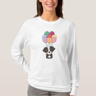 Camiseta Cachorro de Montanha Bernês Voa Com Balões Colorid