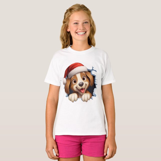 Camiseta Cachorro de Natal bonito na parede ilustrado (Frente Completa)