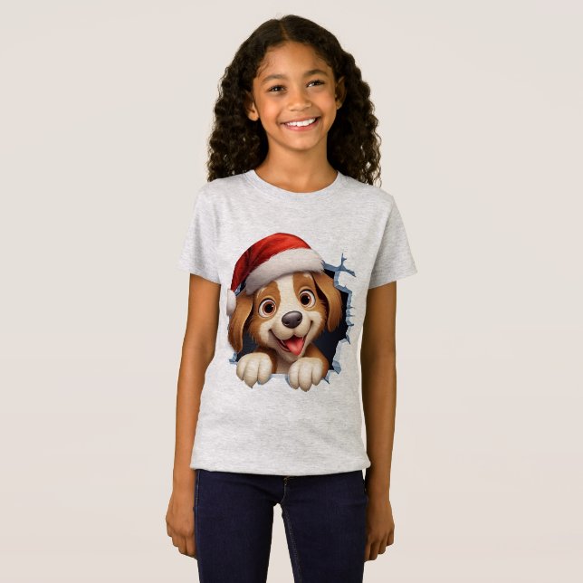 Camiseta Cachorro de Natal bonito na parede ilustrado (Frente Completa)