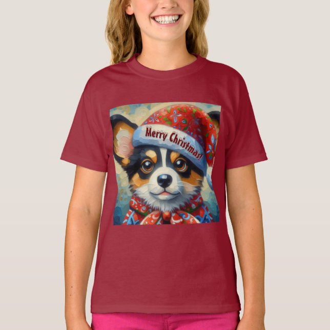 Camiseta Cachorro de Natal Cachorro Puppy com Santa Hat (Frente)