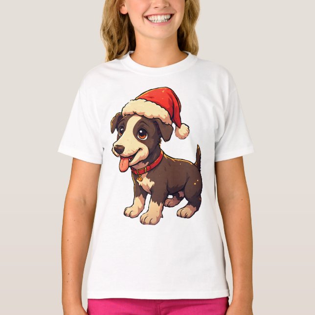Camiseta Cachorro de Natal Fofo e Alegre com Chapéu de Papa (Frente)