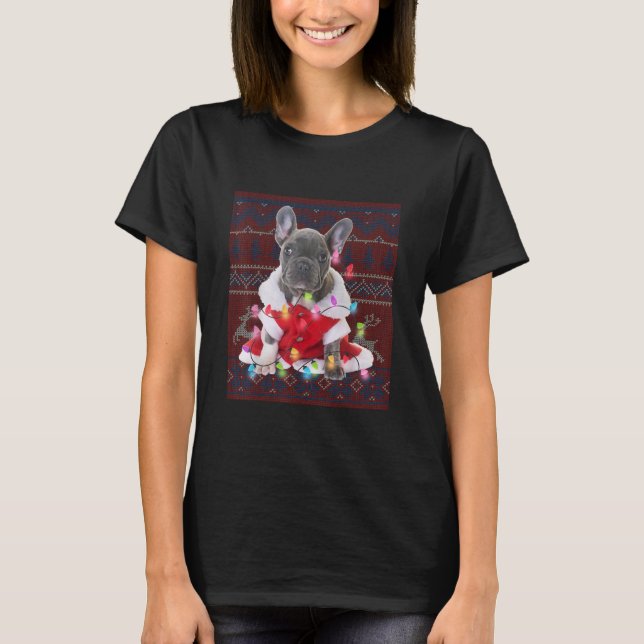 Camiseta Cachorro de Natal Francês Luz Feia Cachorro (Frente)