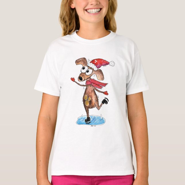 Camiseta Cachorro de Natal Whimsso em Skates de gelo (Frente)