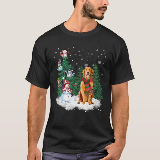 Camiseta Cachorro de ouro Cachorro de Natal Snowman Árvore  (Frente)