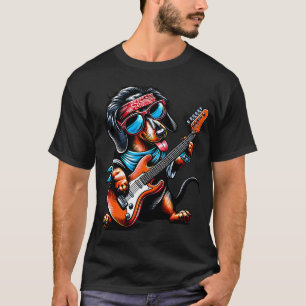 Camiseta Cachorro de Rocha Tocando Guitarra, Cachorro Dachs