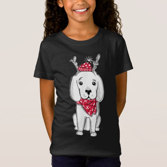 Camiseta Cachorro de roupa de Natal giro com rena (Frente)