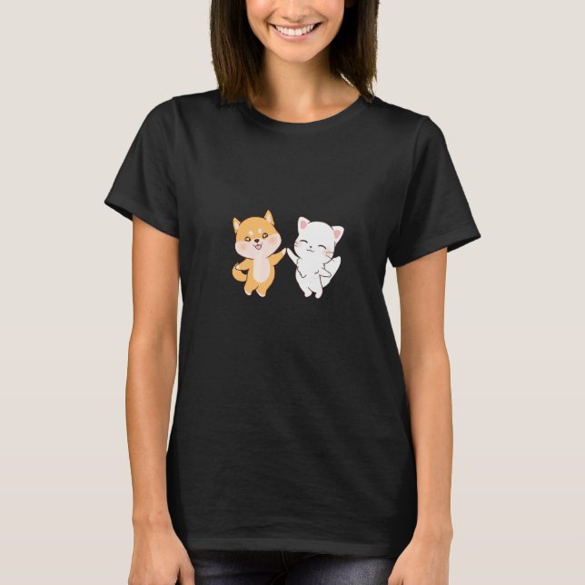 Camiseta Cachorro de Shiba Inu Cachorro Branco e Chibis Bra (Frente)
