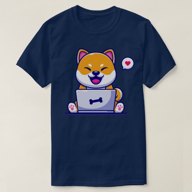 Camiseta Cachorro De Shiba Inu Cujo Cartoon De Laptop Funci (Frente do Design)