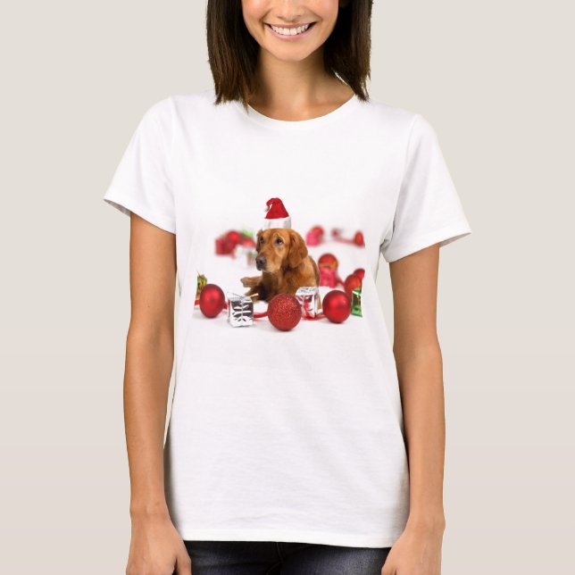 Camiseta Cachorro do ouro W Red Santa Hat Natal (Frente)