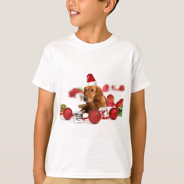 Camiseta Cachorro do ouro W Red Santa Hat Natal (Frente)