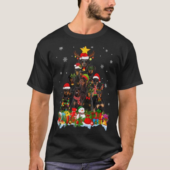 Camiseta Cachorro Doberman Árvore de Natal Luz Xmas Santa H (Frente)