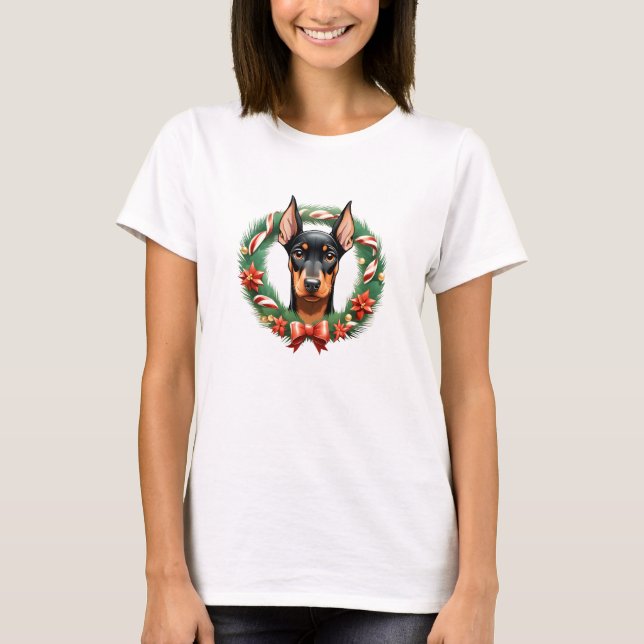Camiseta Cachorro Doberman de Natal Adorável em Festivas Wr (Frente)
