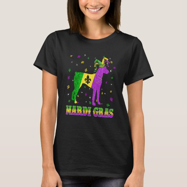 Camiseta Cachorro Doberman Mardi Gras Carnaval Bufão Contas (Frente)