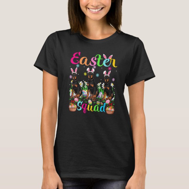 Camiseta Cachorro Doberman Orelha de Coelho Páscoa Equipe D (Frente)