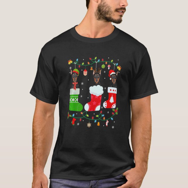 Camiseta Cachorro Doberman Três Meias De Natal Doce Xmas Do (Frente)