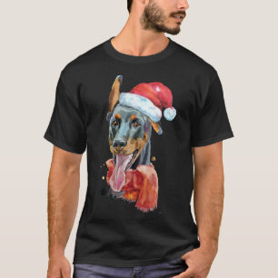 Camiseta Cachorro Dobermann de Natal Desenhado Aquarela