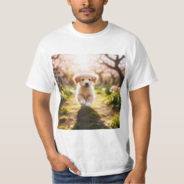 Camiseta Cachorro Dorado Corriendo en un Jardín