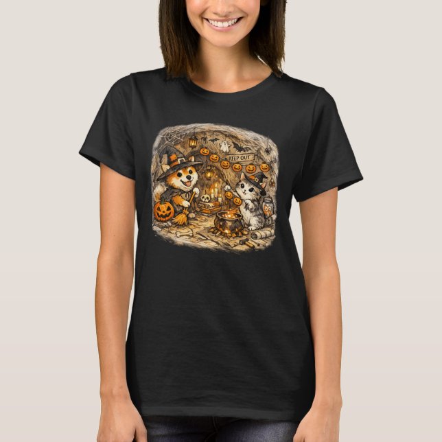 Camiseta Cachorro e Gato de Halloween Fofo em uma Caverna d (Frente)