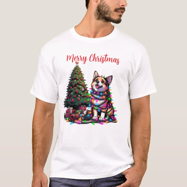 Camiseta Cachorro embalado na arte das Luzes de Natal (Frente)