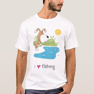 Camiseta Cachorro Engraçado de Desenho Animado Pescando no