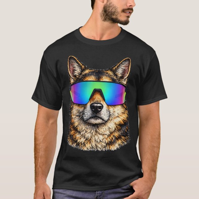 Camiseta Cachorro Engraçado Usando Óculos de Sol Arco-Íris  (Frente)
