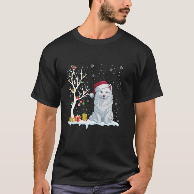 Camiseta Cachorro Eskimo Americano Santa Hera Árvore Festiv (Frente)