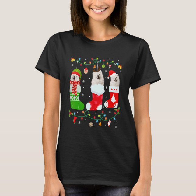 Camiseta Cachorro Esquimó Americano Três Meias de Natal (Frente)