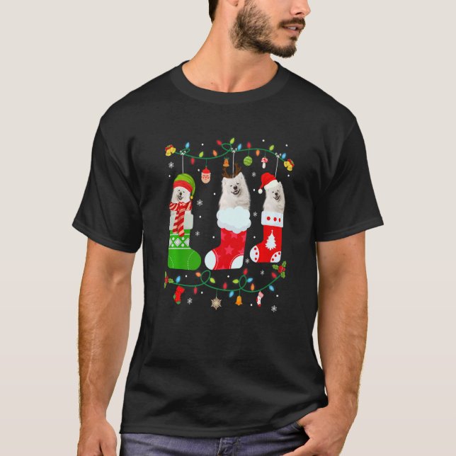 Camiseta Cachorro Esquimó Americano Três Meias de Natal (Frente)