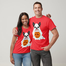 Camiseta Cachorro Fantasma Branco de Halloween com Balde de