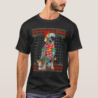 Camiseta Cachorro Feio de Natal Luz Santa Hat Cachorro Azul