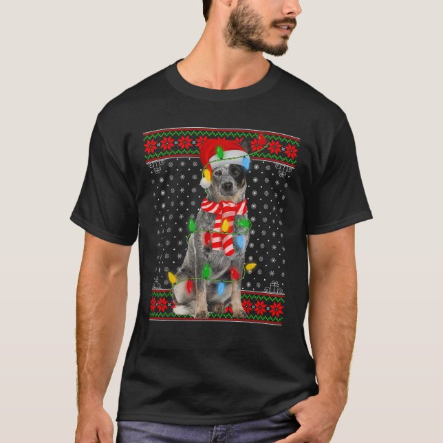 Camiseta Cachorro Feio de Natal Luz Santa Hat Cachorro Azul (Frente)