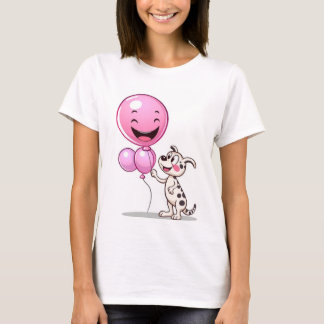 Camiseta Cachorro Feliz com Balões Cor-de-Rosa Sorrindo