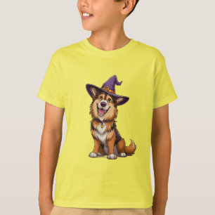 Camiseta Cachorro Feliz Usando um Chapéu de Bruxa