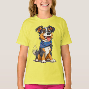 Camiseta Cachorro Feliz Usando um Lenço Azul