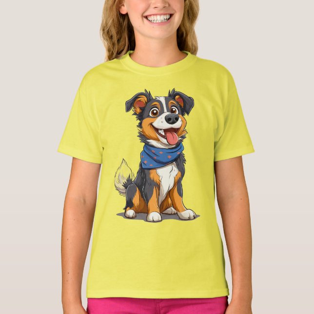 Camiseta Cachorro Feliz Usando um Lenço Azul (Frente)