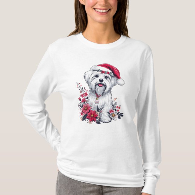 Camiseta Cachorro Festivo Maltês Floral com o Cachorro Sant (Frente)