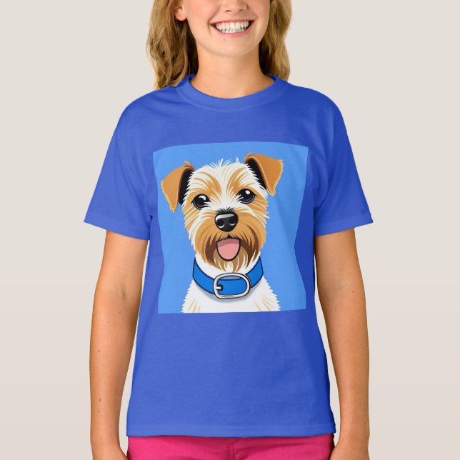 Camiseta Cachorro Fofo Usando uma Coleira Azul (Frente)